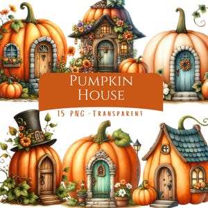 Puede incluir: Una colección de casas de calabaza caprichosas en varios diseños. Cada calabaza es de un naranja vibrante, con puertas, ventanas y elementos decorativos. La imagen incluye el texto "PUMPKIN HOUSE" y "15 PNG - TRANSPARENT".