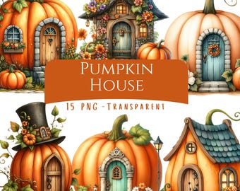 Pumpkin House Clipart Bundle 15 PNG High Quality Watercolor Fantasy Fall Cottage Digital Download Thanksgiving Pumpkin Fairy Forest Houses