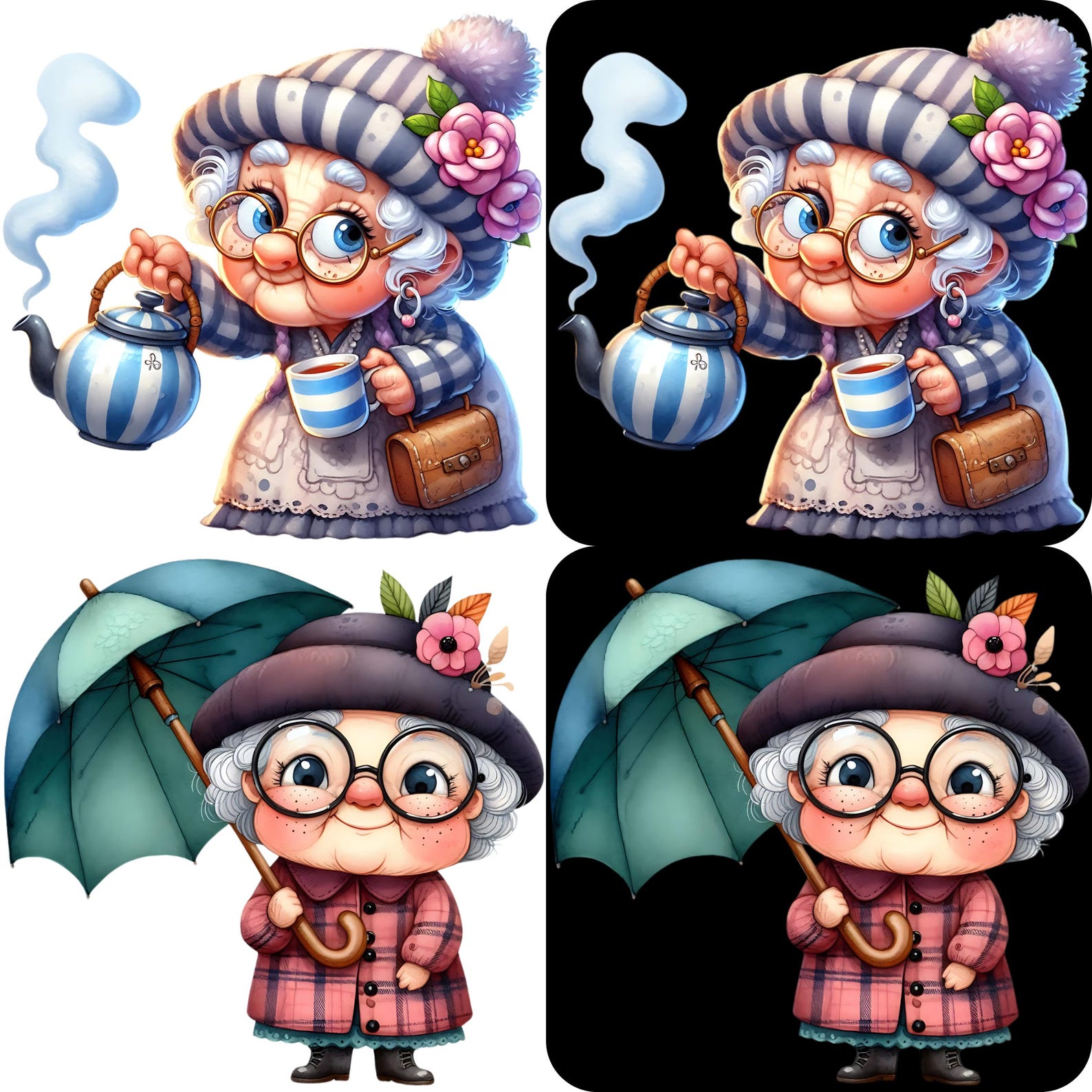 Funny Grandma Clipart Bundle 15 PNG High Quality Watercolor Cute Quirky ...