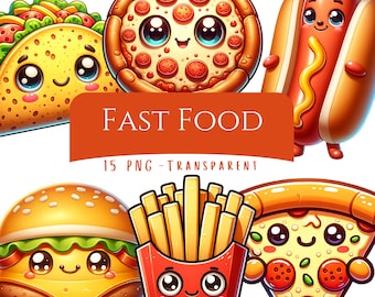 Fast Food Clipart Bundle 15 PNG Cute Food Clip Art Junk Food PNG Hot dog Cheesburger Taco Pizza French Fries Donut Digital Download