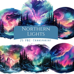 Northern Lights Clipart Bundle 25 PNG Aurora Abstract Northen Lights Land Scenes Digital Download Graphic Printable Stickers Aurora Sky