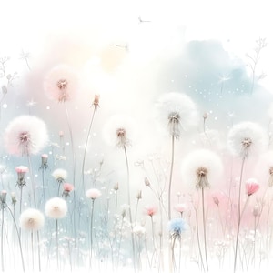 Lot de 18 pissenlits pastel, champ d'art numérique, pissenlit aquarelle, fleurs abstraites de l'été, téléchargement numérique, pages imprimables, travaux manuels en papier