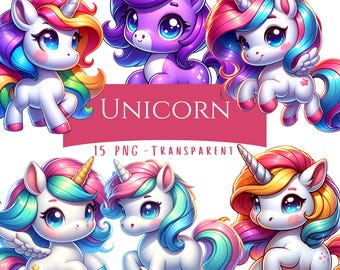 Unicorn Clipart Bundle 15 PNG Cute Fantasy Digital Clip Art Rainbow Unicorn Download Adorable Animal Clipart Printable Digital Stickers