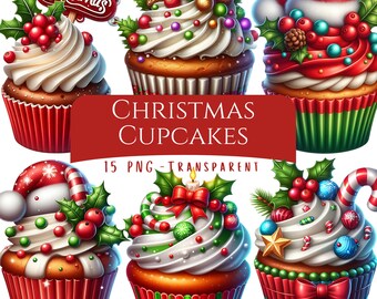 Christmas Cupcakes Clipart Bundle 15 PNG Cartoon Christmas Desserts Digital Download Christmas Printable Christmas Cards Cute Xmas Sweets