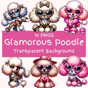 Pacchetto di clipart di barboncini glamour 15 PNG Immagini di arte digitale di barboncini adorabili Clipart di razze di cani Adesivi digitali di cani da discoteca POD Uso commerciale