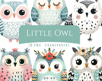 Pacchetto di clipart di gufi, 18 PNG, acquerello, carino gufo della foresta, download digitale, stampabili, carta per lavoretti, decorazioni per la cameretta dei bambini, arte murale scandinava
