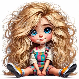 May include: A cartoon illustration of a young girl with long, flowing blonde hair and large blue eyes. She wears a white shirt, colorful overalls, and orange sneakers. The girl is sitting with her legs crossed, and the background is white.