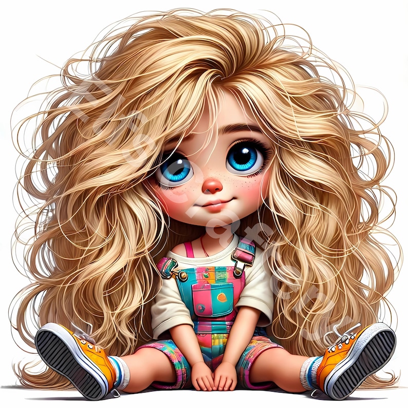 May include: A cartoon illustration of a young girl with long, flowing blonde hair and large blue eyes. She wears a white shirt, colorful overalls, and orange sneakers. The girl is sitting with her legs crossed, and the background is white.