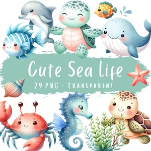 Ensemble de 29 cliparts Sea Life mignons, aquarelle pour bébé, océan, thème de la chambre d'enfant, imprimables en téléchargement numérique, cartes d'invitation de babyshower, marine