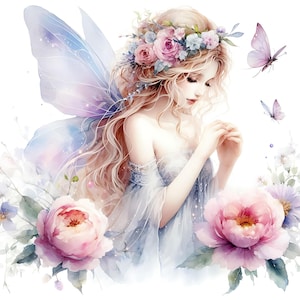 May include: Watercolor illustration of a fairy with long blonde hair, wearing a floral crown and a flowing blue dress. She has large, translucent wings and is surrounded by pink peonies and butterflies.