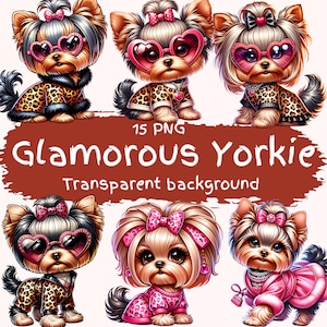 Lot de 15 cliparts yorkshire glamour, ensemble de 15 fichiers PNG adorables cliparts Yorkshire Terrier, imprimé léopard fantaisie tenue chien autocollants numériques