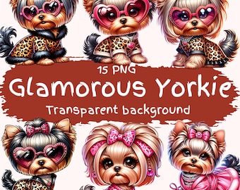Glamorous Yorkie Clipart Bundle 15 PNG Files Adorable Yorkshire Terrier Clip Art Pack Fancy Leopard Print Outfit Dog Digital Stickers