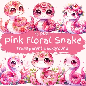 Pacote de clipart de cobra floral rosa com 15 PNG de adesivos gráficos digitais de cobra em aquarela fofa para impressão em diários, scrapbooks e uso comercial