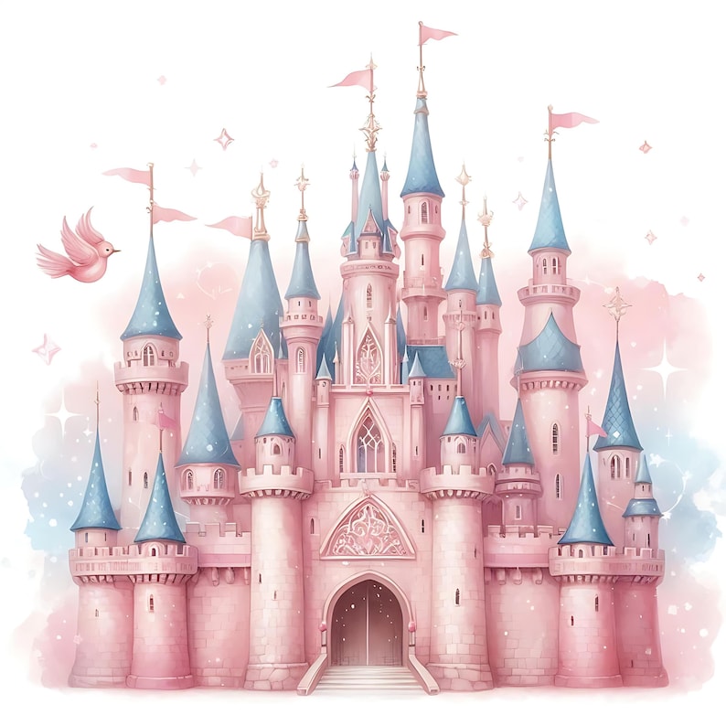 Pode incluir: Um castelo de conto de fadas rosa e azul com m&uacute;ltiplas torres e pin&aacute;culos. O castelo &eacute; cercado por um fundo branco com um efeito de aquarela azul claro.