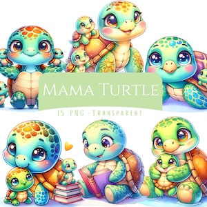 Mama Turtle Clipart Bundle 15 PNG Cute Watercolor Baby Turtle Digital Art Adorable Mom Turtle Digital Stickers Junk Journal Commercial Use