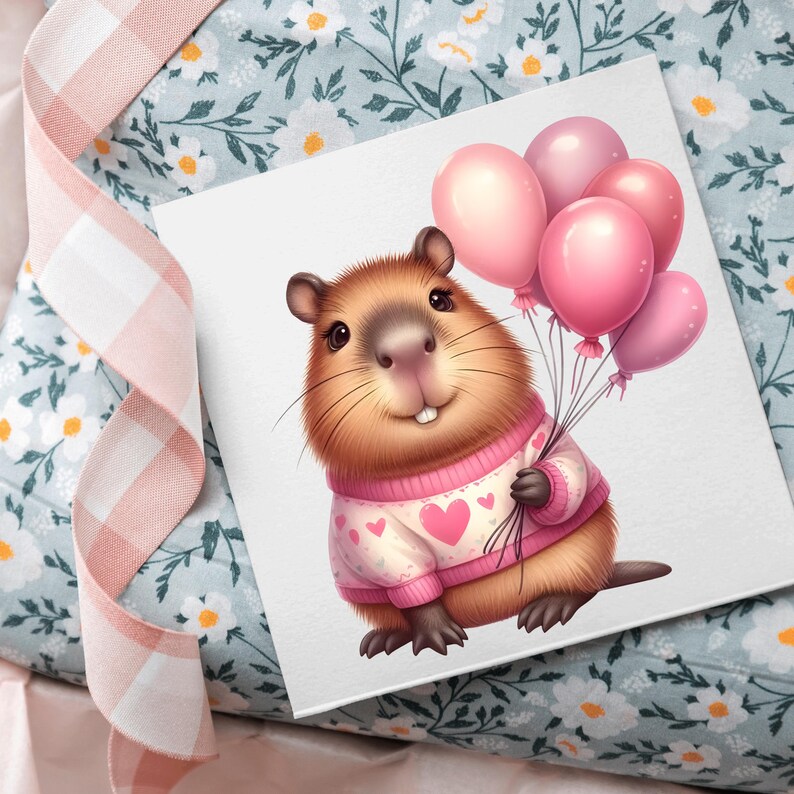 Puede incluir: Una tarjeta cuadrada con un dibujo de una marmota sosteniendo globos rosas. La marmota lleva un su&eacute;ter rosa con dise&ntilde;os de corazones. La tarjeta est&aacute; sobre una superficie con estampado floral y una cinta rosa.
