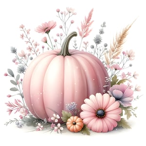 Può includere: Una zucca rosa circondata da un assortimento di fiori e fogliame. La zucca è il punto focale, con una tonalità rosa chiaro e un gambo verde. Vari fiori nelle tonalità del rosa, viola e bianco, insieme a foglie verdi, creano una composizione decorativa.