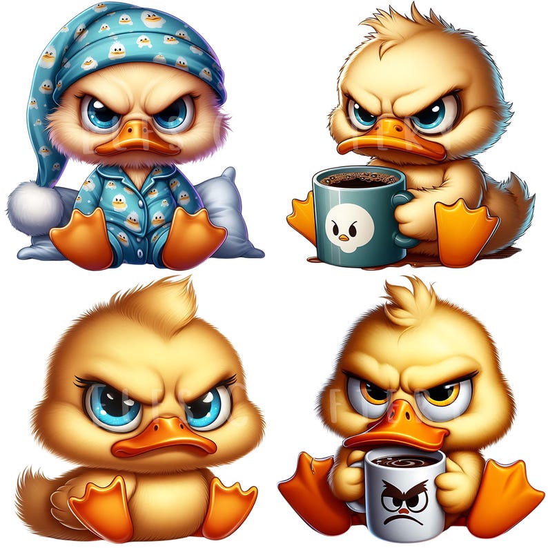 Grumpy Ducklings Clipart Bundle 15 PNG High Quality Cute Quirky Morning ...