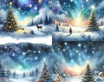 15 JPG Starry Night Christmas Digital Art Bundle Watercolor