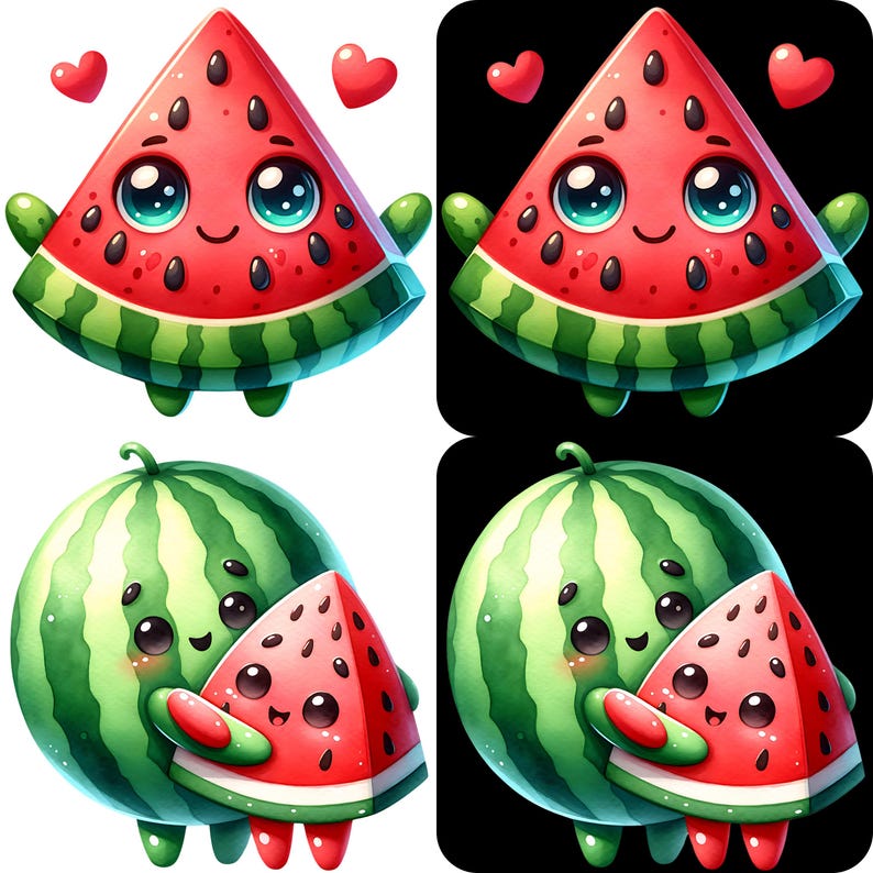 Watermelon Character Clipart Bundle 15 PNG High Quality Kawaii Watermelon Fruit Digital Art Watercolor Fruit Ilustrations Printable Graphics image 3