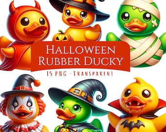 Pacchetto di clipart di paperelle di gomma per Halloween, 15 PNG, paperelle di carta spettrali e carine per Halloween, costumi, feste di Halloween, stampabili, creazioni di carta PNG.