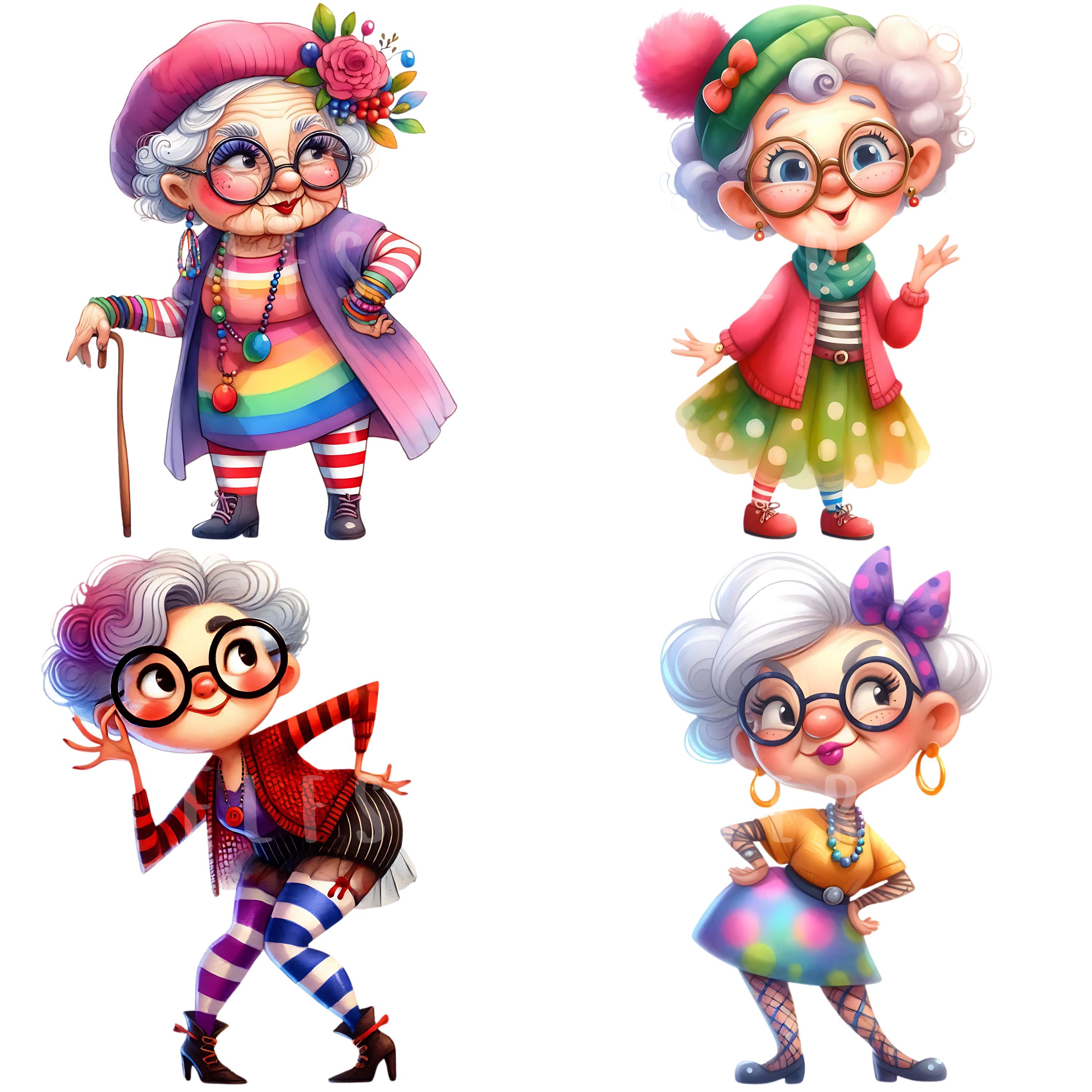Quirky Old Lady Clipart Bundle 15 PNG High Quality Watercolor Quirky ...