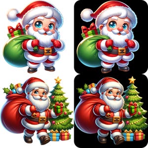 May include: A cartoon illustration of Santa Claus, wearing a red suit with white trim and a matching hat. He carries a green sack filled with gifts and presents. The image has a festive Christmas theme.