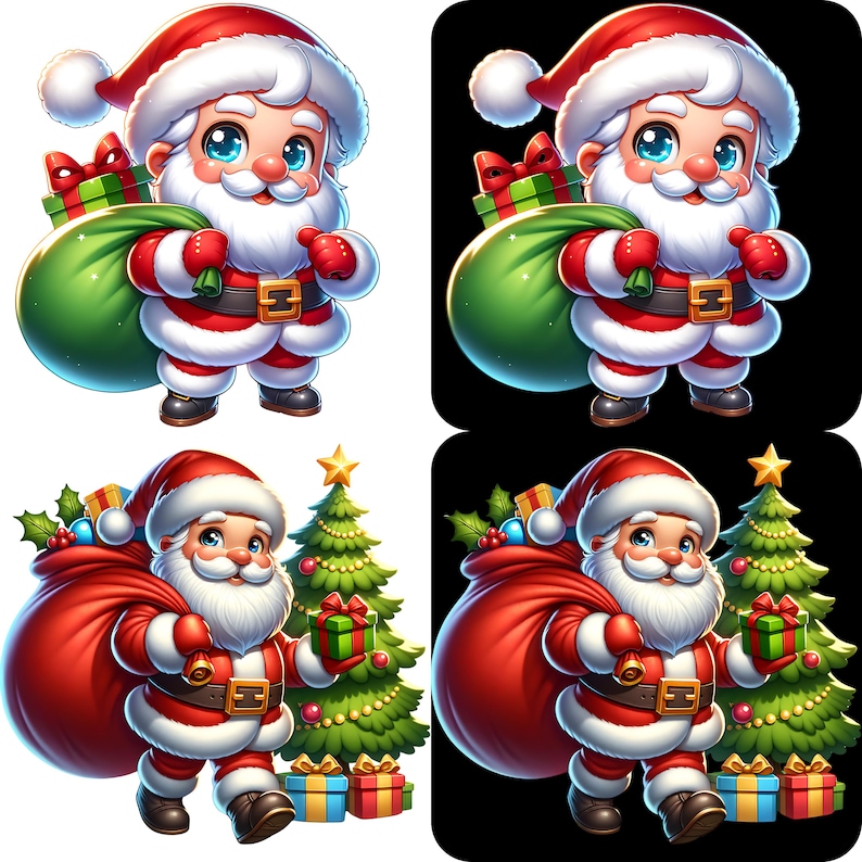May include: A cartoon illustration of Santa Claus, wearing a red suit with white trim and a matching hat. He carries a green sack filled with gifts and presents. The image has a festive Christmas theme.