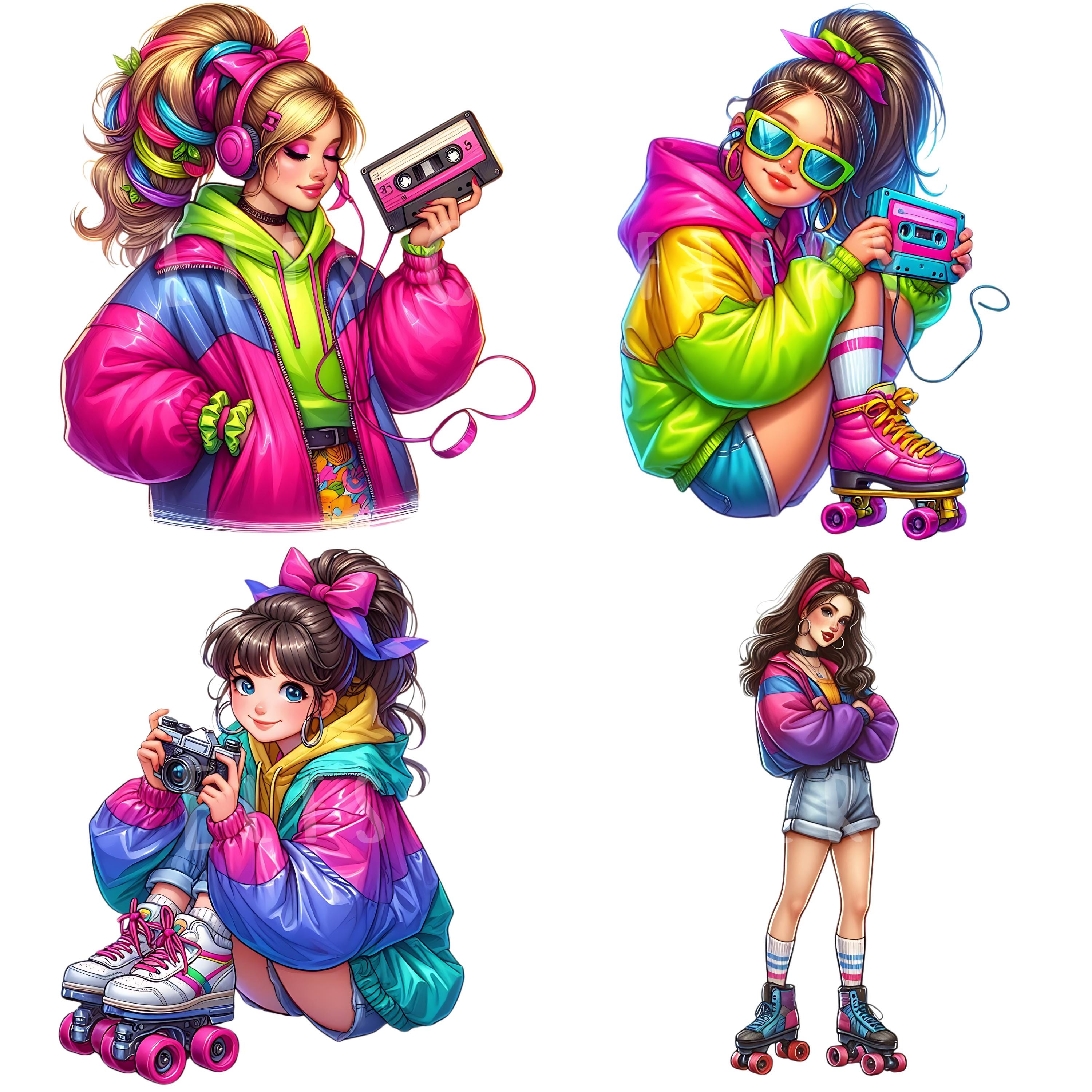 90s Roller Skater Girl Clipart Bundle 15 PNG Files 90s Digital Art