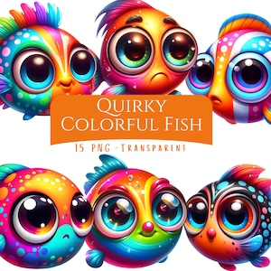 Schrulliges Fisch-Clipart-Bundle 15 PNG-Qualitäts-Karikaturstil-niedlicher Fisch-Digitaler Download druckbare Aufkleber schrulliges Leben im Meer Bilder
