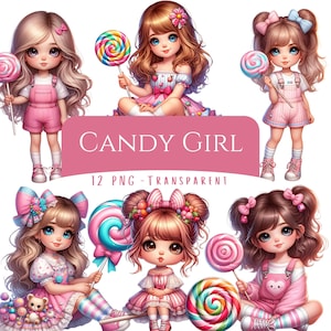 Candy Girl Clipart Bundle 12 PNG High Quality Cartoon Cute Quirky Sweet Lollipop Girl Candyland Princess Digital Download Paper Craft Pngs