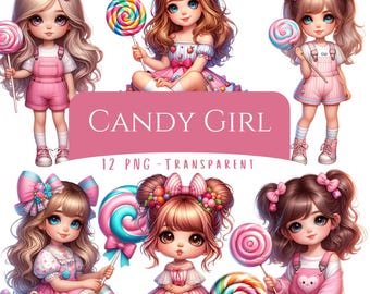 Pacchetto di clipart di Candy Girl, 12 PNG di alta qualità, cartone animato, carino, eccentrico, dolce, ragazza con lecca-lecca, principessa di Candyland, download digitale, carta per creazioni PNG.