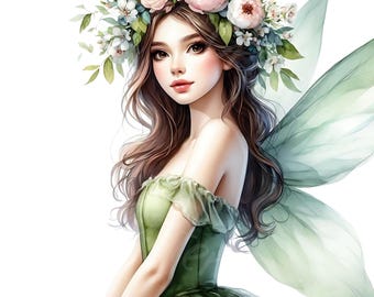 【水彩画】エルフの少女（グリーン） 15 JPG ライトグリーンの妖精のクリップアートバンドル 水彩画 魔法の