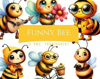 Paquete de 15 imágenes prediseñadas de abejas divertidas, acuarela, adorables y peculiares, descarga digital, pegatinas imprimibles de colmena divertida, imágenes para álbumes de recortes digitales.
