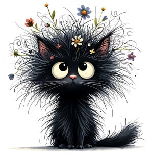 Op de afbeelding: Een grillige illustratie van een zwarte kat met grote, expressieve ogen en een pluizig, rommelig uiterlijk. De vacht van de kat is versierd met kleurrijke bloemen en delicate groene stelen, wat een speels en artistiek ontwerp creëert. De kat zit rechtop.