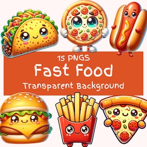 Fast Food Clipart Bundle 15 PNG niedliches Essen Clip Art Junk Food PNG Hot Dog Cheesburger Taco Pizza Pommes Frites Donut Digitaler Download