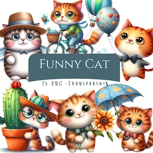 Funny Cat Clipart Bundle 15 PNG Watercolor Quirky Cat Digital Download Funny Quirky Animals Printable Stickers Whimsical Kitten Scrapbook