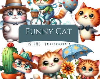 Funny Cat clipart bundel 15 PNG aquarel eigenzinnige kat digitale download grappige eigenzinnige dieren afdrukbare stickers grillige kitten scrapbook