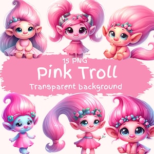 Pink Troll Clipart Bundle 15 PNG High Quality Watercolor Cartoon Cute Girly Trolls Digital Download Printable Fantasy Adorable Ogre Girl Png