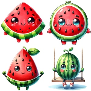 Watermelon Character Clipart Bundle 15 PNG High Quality Kawaii Watermelon Fruit Digital Art Watercolor Fruit Ilustrations Printable Graphics image 6
