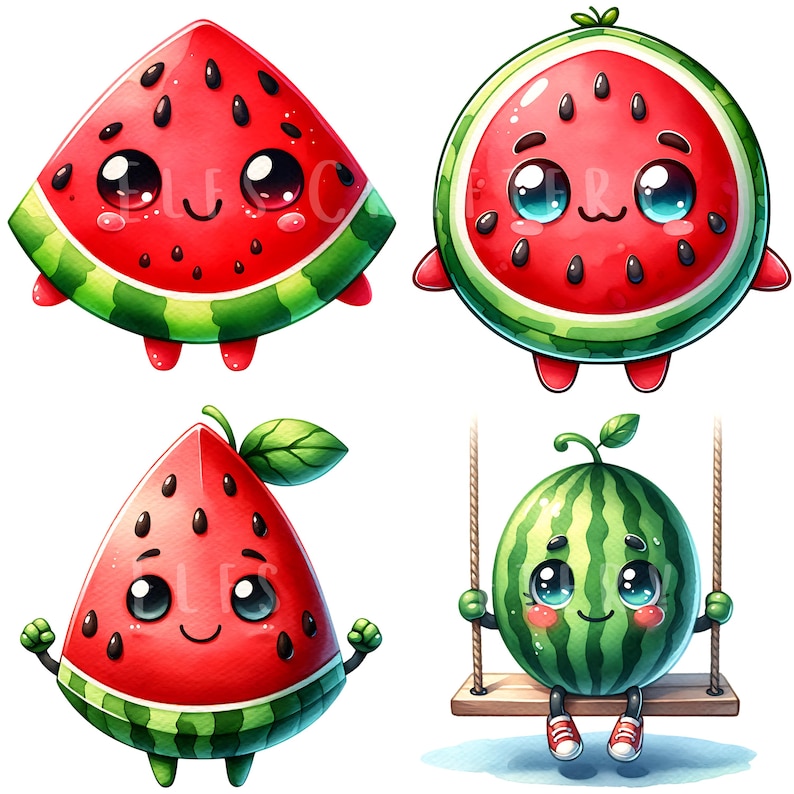 Watermelon Character Clipart Bundle 15 PNG High Quality Kawaii Watermelon Fruit Digital Art Watercolor Fruit Ilustrations Printable Graphics image 6