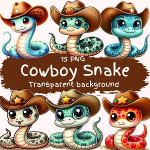Pacote de clipart de cobra de cowboy 15 PNG de alta qualidade, desenho animado fofo de cobra, download digital para impressão, chá de bebê ocidental, arte para amantes de cobras