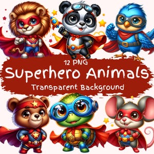 Superheld Tiere Clipart Bundle 12 PNG Hochwertige Cartoon Tiere als Superhelden Niedliche Kinder Printables Grußkarten Digitales Basteln