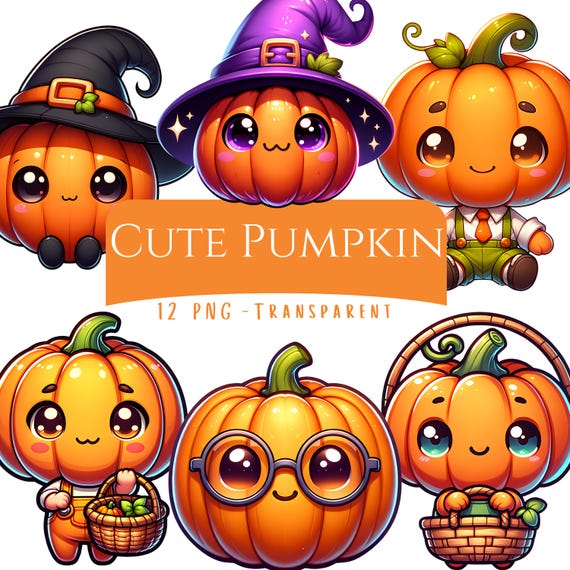 Cute Pumpkin Clipart Bundle 12 PNG High Quality Cartoon Halloween Pumpkin Character Digital Download Printable Stickers Paper Crafts Pngs