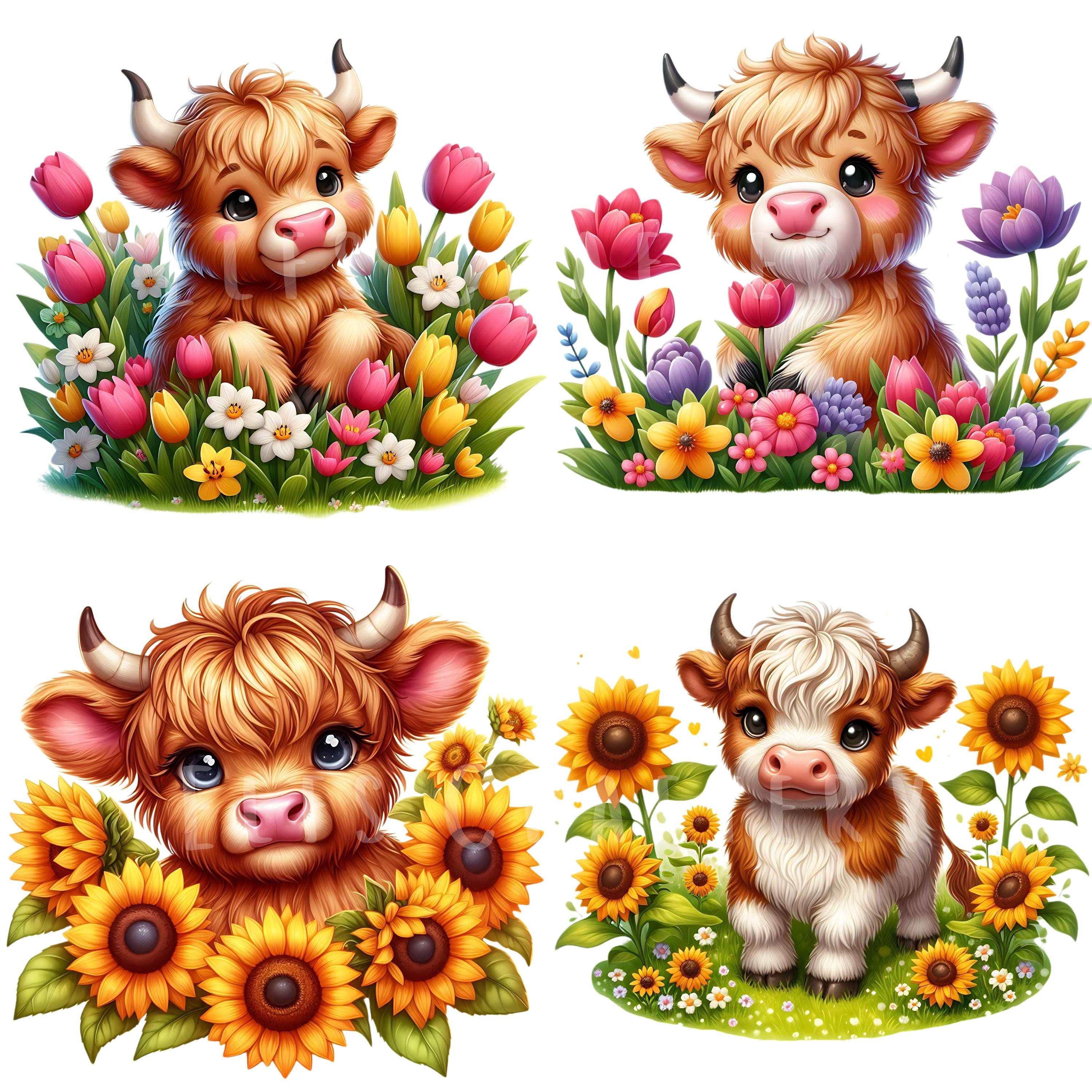Flower Highland Cow Clipart Bundle 15 PNG High Quality Floral Spring ...
