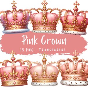 Lot de 15 cliparts couronne rose PNG Couronne de princesse rose pastel magique en téléchargement numérique Invitations de fête d'anniversaire de princesse Images diadème rose