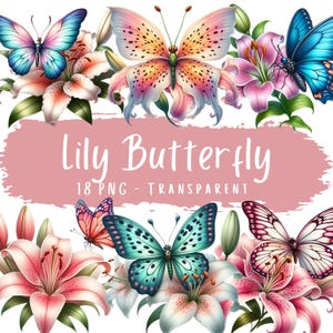 Bundle de cliparts papillon lys 18 PNG haute qualité lys aquarelle en téléchargement numérique Art numérique artisanat fabrication de cartes Scrapbooking Pngs