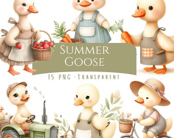 Summer Goose Clipart Bundle 15 PNG High Quality Watercolor Cute Baby Geese Farm Tractor Digital Download Country Animals Nursery Wall Art