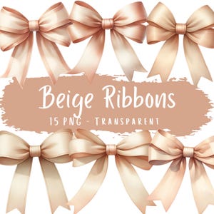 Pacchetto di clipart di nastri beige, 15 PNG, download digitale, stampabile, nastri per fiocchi naturali Coquette, pacchetto di grafica digitale, immagini di fiocchi ad acquerello carini