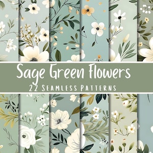 Seamless Sage Green Flower Digital Paper 22 PNG & JPG Files Digital Crafting Paper Floral Seamless Pattern Scrapbook Papers Background